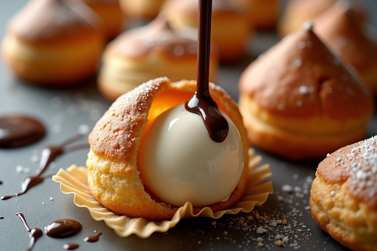 Gros plan sur la préparation des profiteroles avec glace vanille