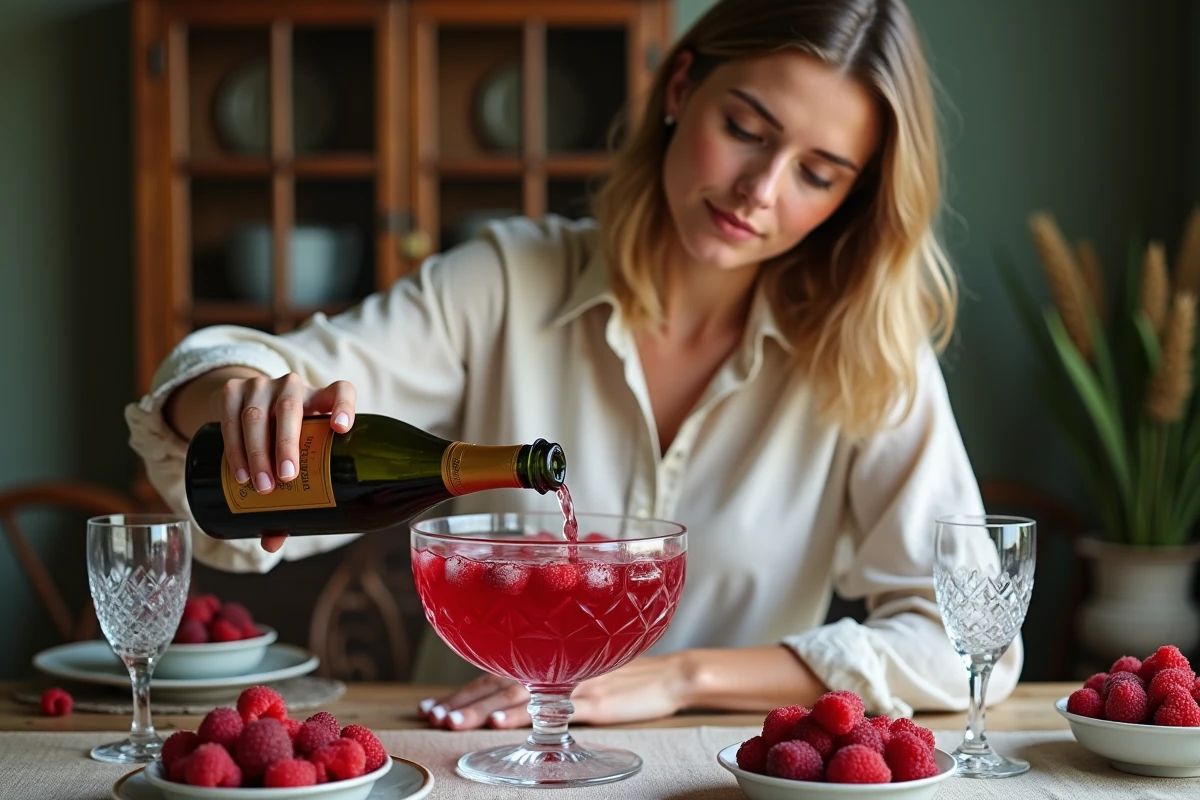 Femme préparant une soupe champagne à la framboise en versant du champagne dans un bol en cristal