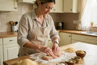 Femme préparant des tenders de poulet maison en pressant la chapelure panko sur des lanières de poulet cru dans une cuisine familiale chaleureuse