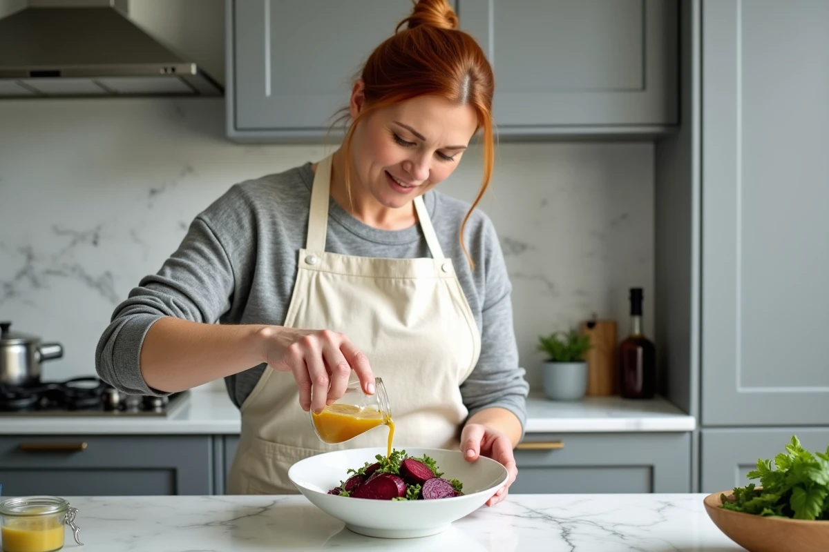 Femme versant une vinaigrette maison sur une salade de betterave rouge tiède dans une cuisine moderne avec plan de travail en marbre