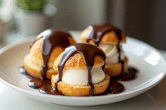 Profiteroles garnis de glace à la vanille et sauce chocolat