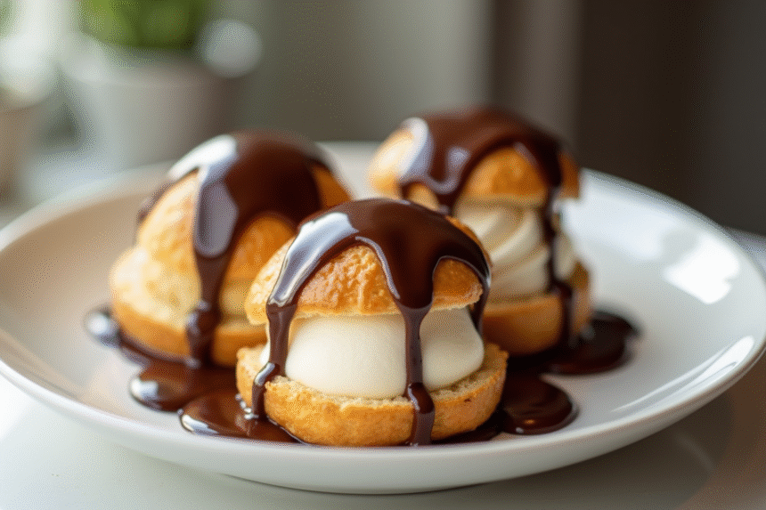 Profiteroles garnis de glace à la vanille et sauce chocolat