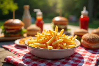 Grand bol de frites dorées croustillantes au centre d'une table de pique-nique en bois lors d'un barbecue en plein air