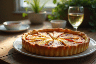 Tarte au chorizo tranchée sur une table en bois naturel