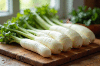 Radis daikon lavés sur planche en bois naturel