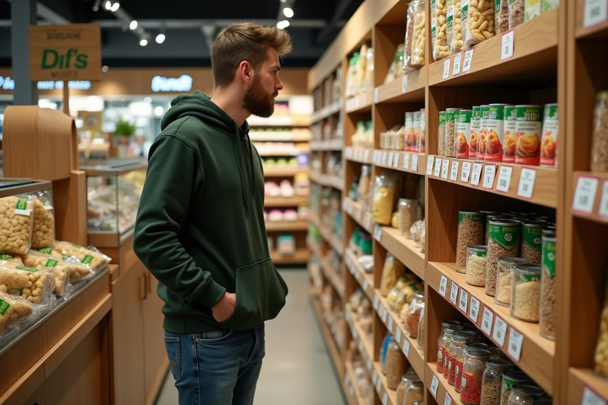 Homme parcourant un rayon de produits bio à courte date dans un supermarché anti-gaspi