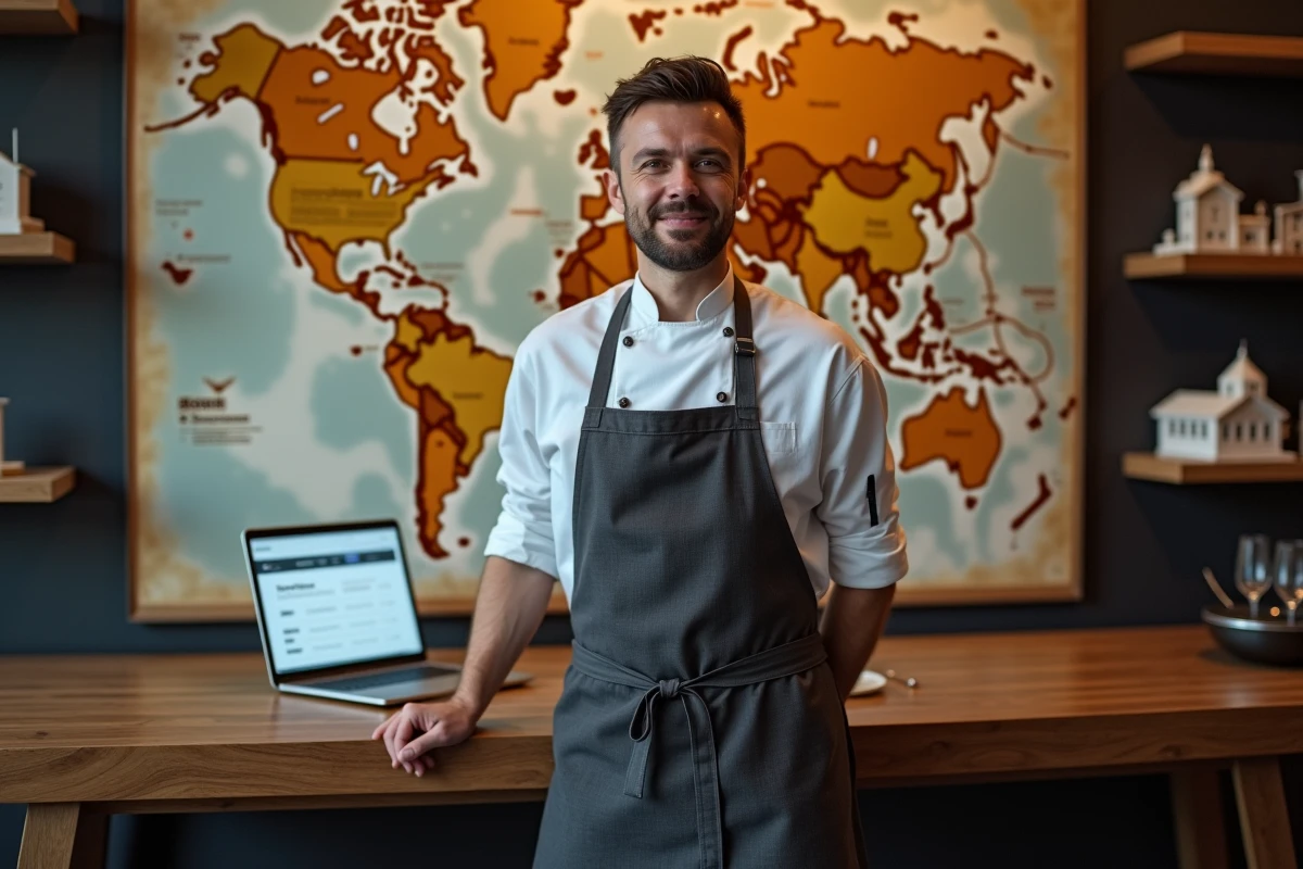 Chef français devant une carte du monde illustrant son rayonnement international multi-continents