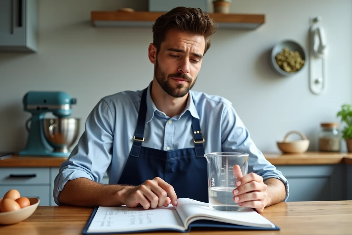 Jeune homme consultant un carnet de conversion grammes en centilitres tout en mesurant un liquide avec un verre doseur en cuisine moderne