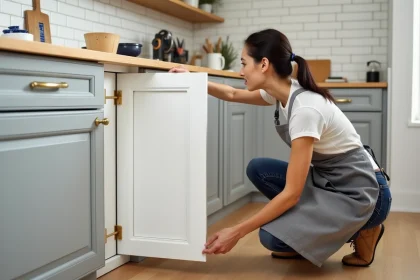 Femme remplaçant une porte de meuble de cuisine par un modèle moderne blanc mat avec poignée dorée