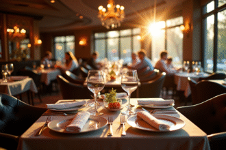 Intérieur d'un restaurant chic avec tables élégantes et lumière naturelle