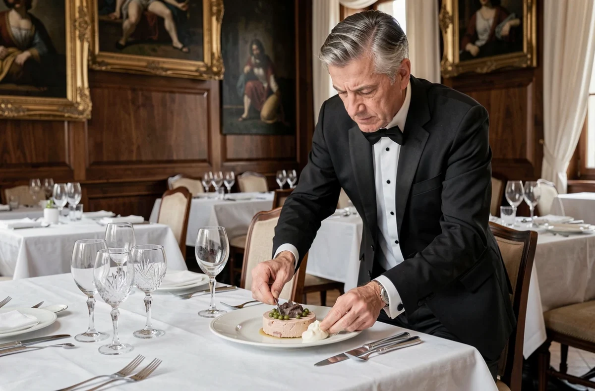 Le maître d'hôtel du Ristorante Cusano à Metz dresse avec soin une assiette de vitello tonnato sur une table habillée de nappe blanche et de cristallerie dans la salle classique