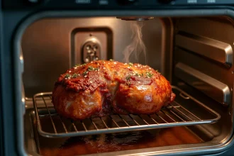Rôti de bœuf de 1 kg en cours de cuisson dans un four, posé sur une grille avec une croûte dorée et des herbes aromatiques