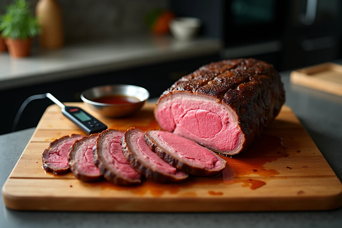 Rôti de bœuf tranché sur une planche à découper en bois avec thermomètre à viande et jus de cuisson, four à convection en arrière-plan