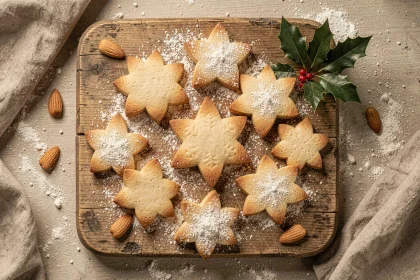 Sablés de Noël à l'amande fondants disposés sur une planche en bois rustique saupoudrée de sucre glace