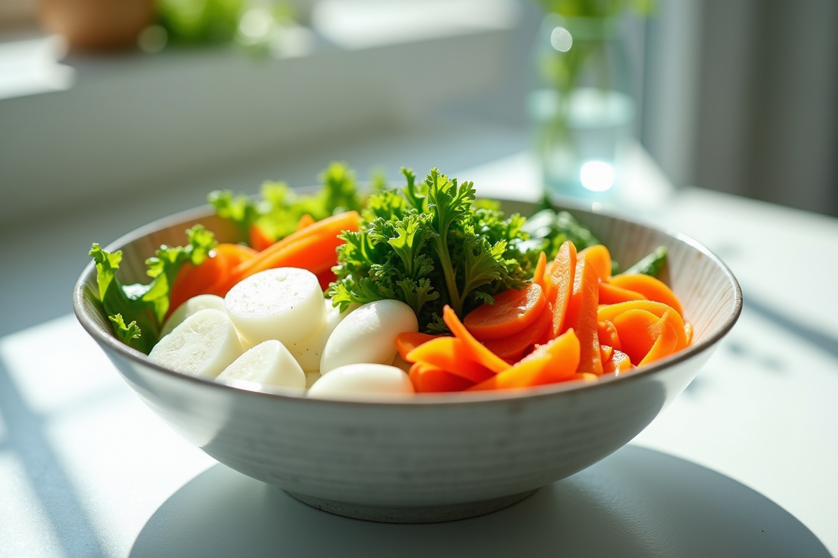 Salade colorée avec daikon et carottes en bol