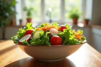 Salade colorée dans un bol avec légumes frais sur une table en bois