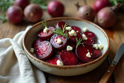 Salade tiède de betterave rouge en bol céramique avec vinaigrette maison et fromage de chèvre sur table en bois rustique