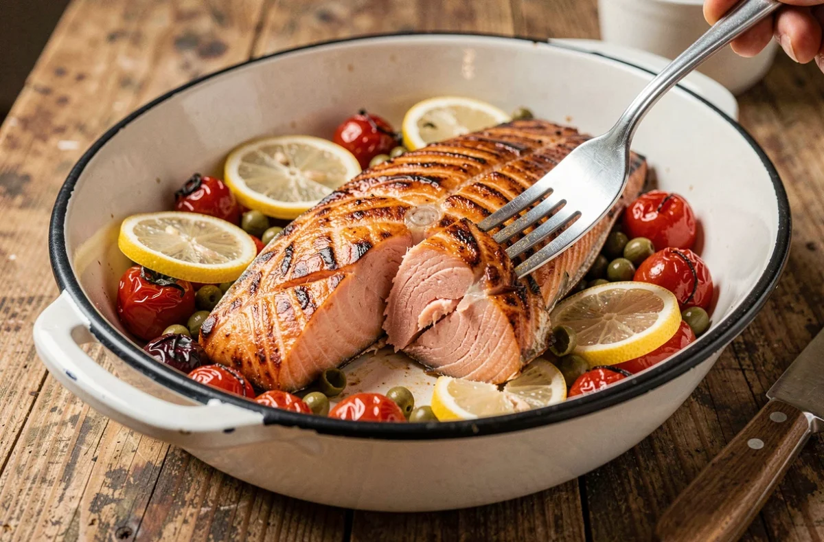Saumon au four dans un plat en émail avec tomates cerises rôties et citron confit, chair feuilletée révélée par une fourchette
