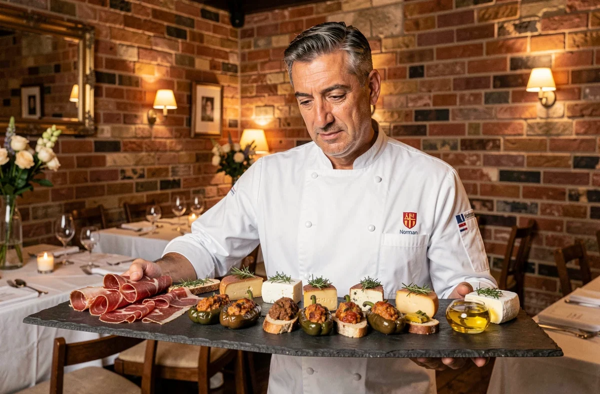 Chef de Segarra Traiteur présentant un plateau de tapas fusion hispano-normand avec jamón, poivrons farcis et fromages locaux sur ardoise