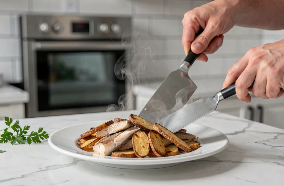 Service d'une portion de julienne de poisson au four avec pommes de terre dorées sur assiette blanche en cuisine moderne
