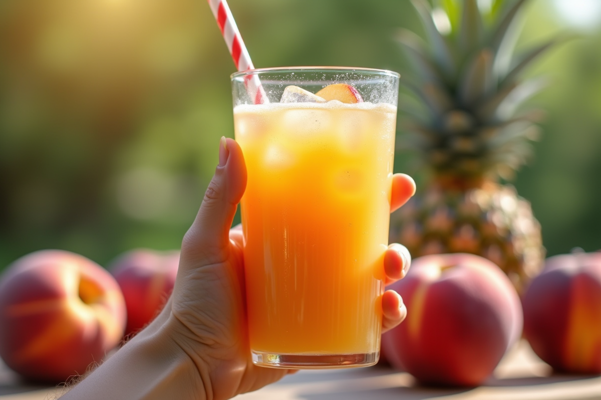 Verre de smoothie à la pêche glacé en extérieur par une journée d
