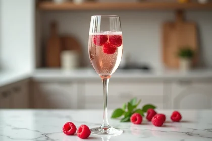 Flûte de soupe champagne à la framboise avec bulles et framboises fraîches sur marbre blanc