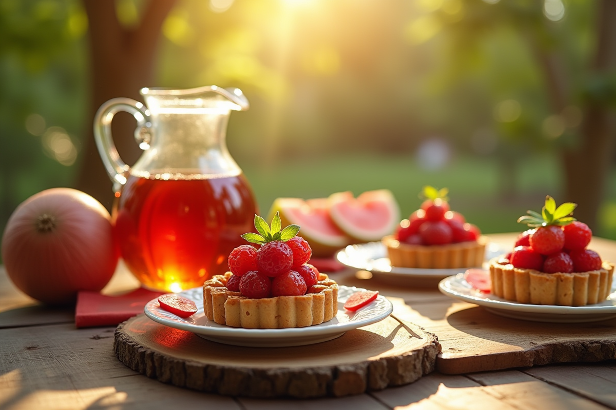Table rustique avec tartes aux fruits et infusion d hibiscus