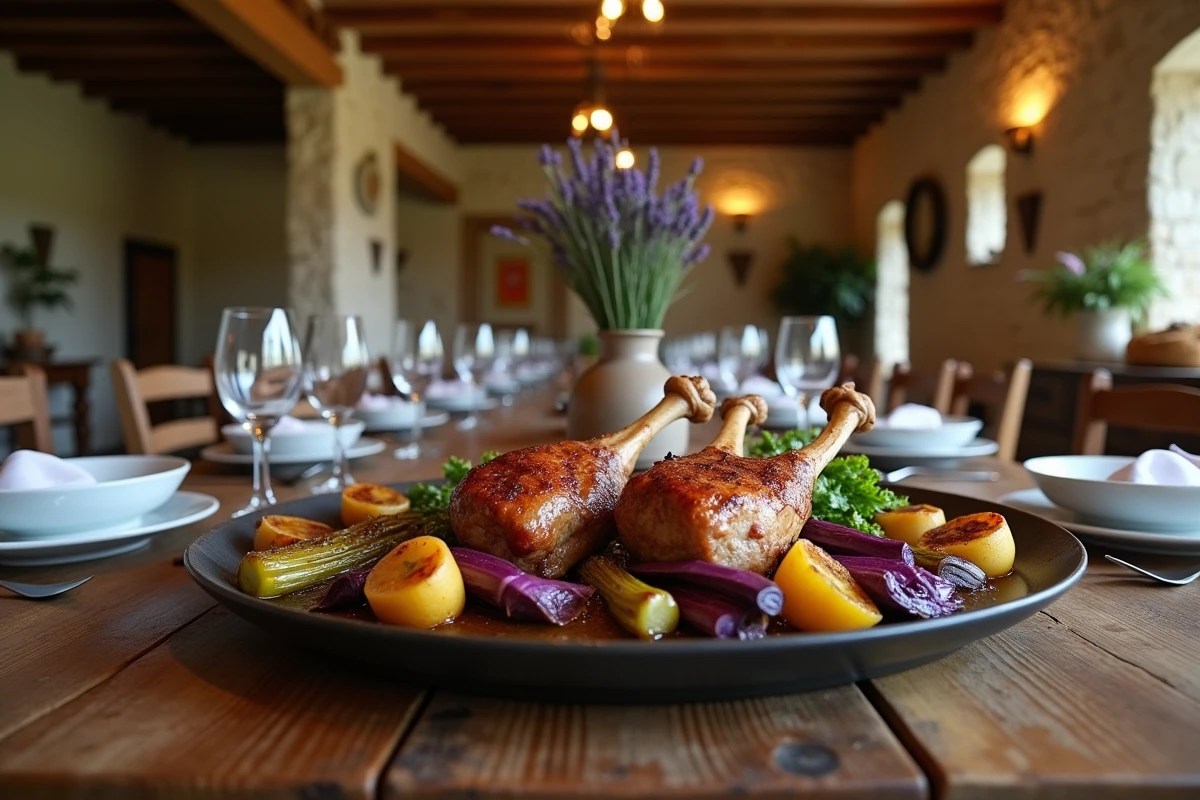 Table dressée dans une maison de campagne française avec plat de confit de canard et légumes rôtis de saison