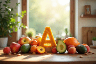 Table en bois avec fruits frais comme pommes et avocats