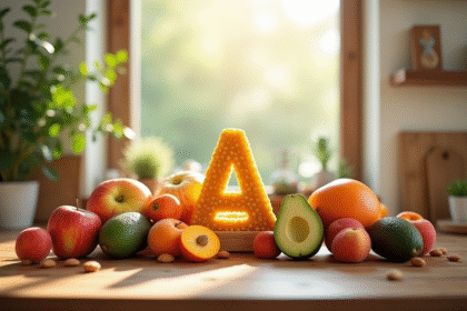Table en bois avec fruits frais comme pommes et avocats