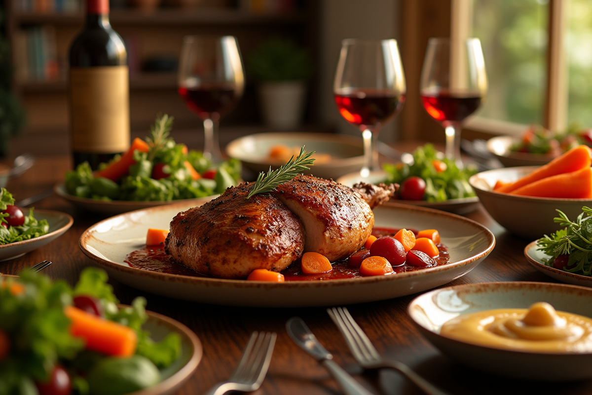 Table festive avec magret de canard et légumes colorés