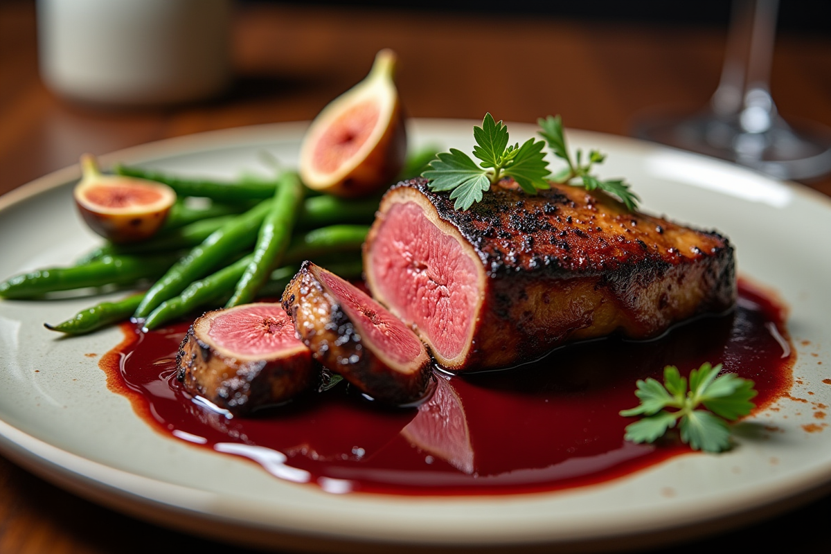 Table élégante avec magret de canard et figues rôties