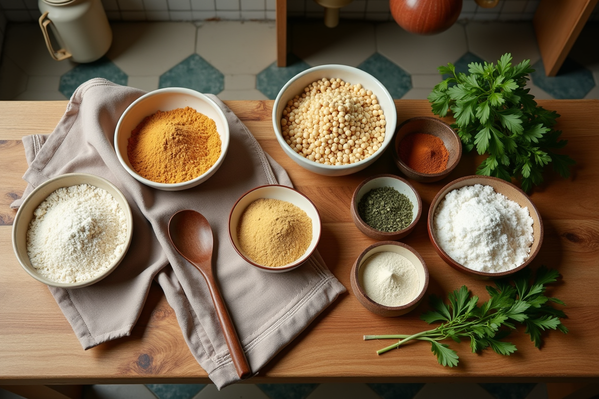 Table de cuisine avec ingrédients vegan pour poulet végétal