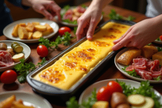 Table raclette vue de dessus avec fromage fondu et accompagnements