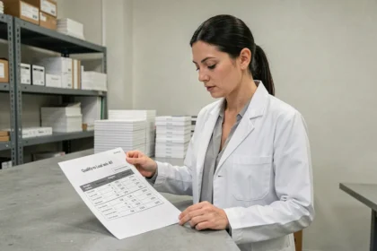 Technicienne en laboratoire industriel consultant un tableau de conversion ltr kg pour adapter des valeurs produit