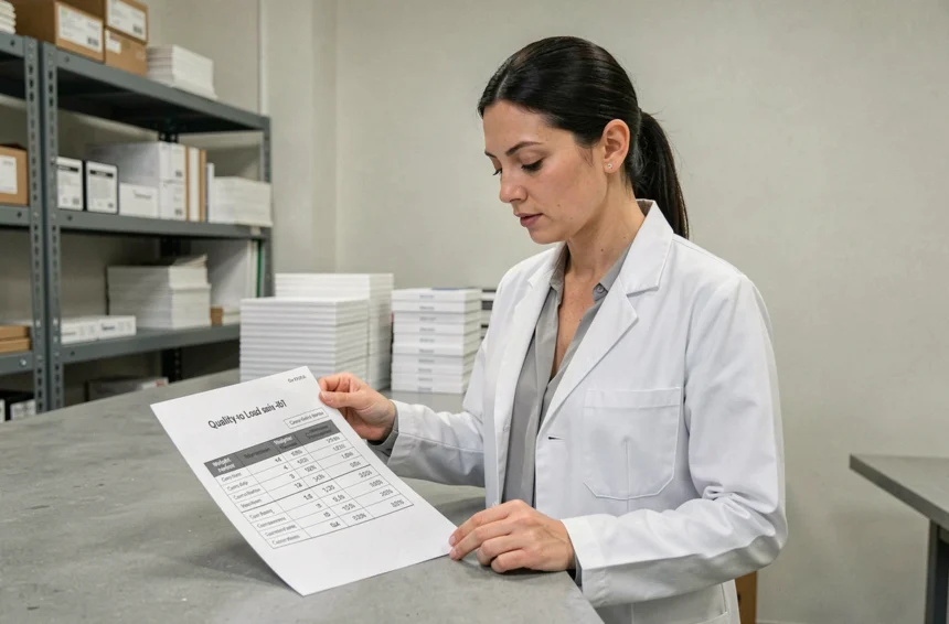 Technicienne en laboratoire industriel consultant un tableau de conversion ltr kg pour adapter des valeurs produit