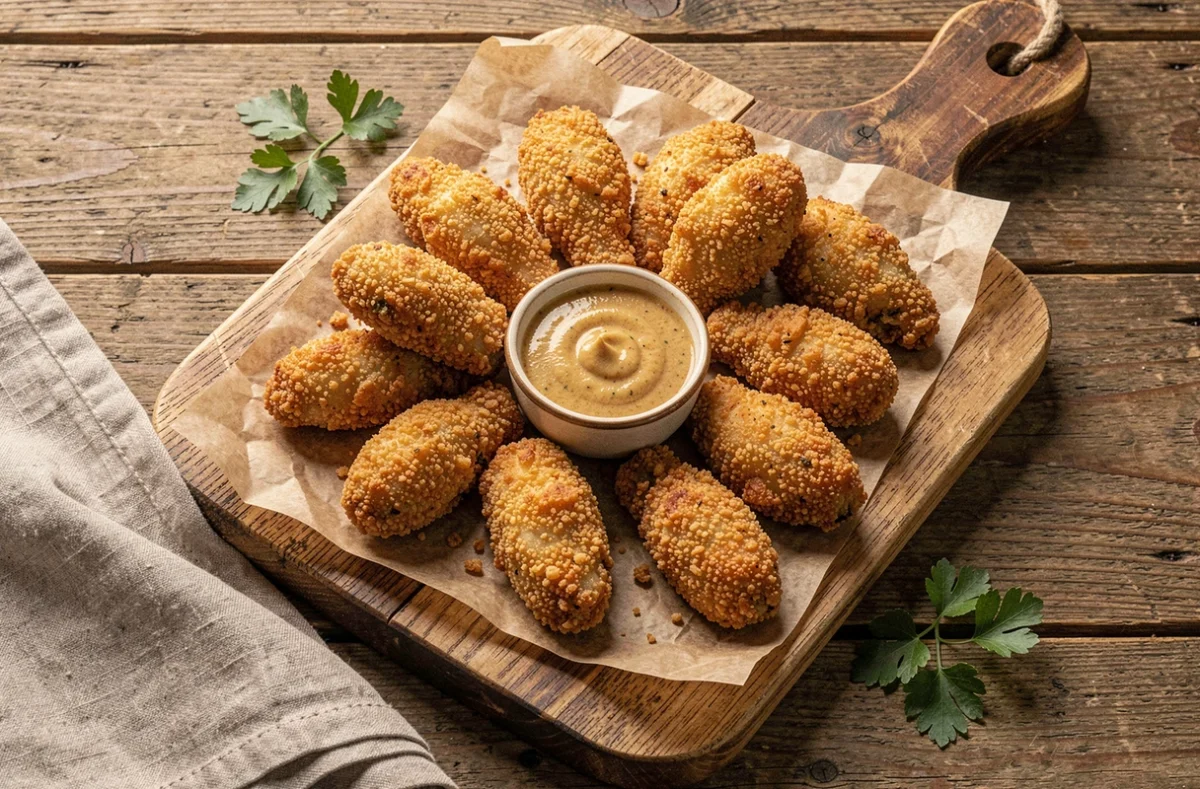 Tenders de poulet croustillants dorés servis sur une planche en bois avec une sauce moutarde au miel dans un bol en céramique