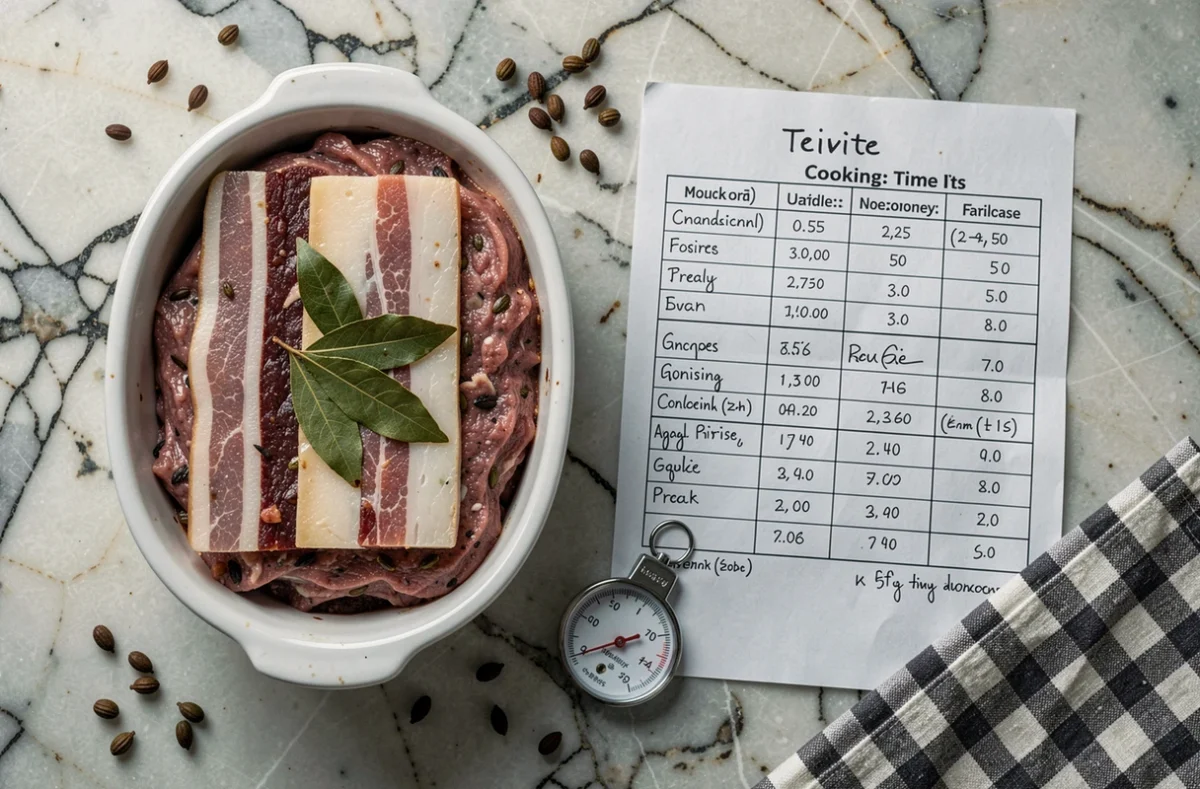 Vue de dessus d'une terrine de gibier crue prête à enfourner avec tableau de temps de cuisson et thermomètre de cuisine