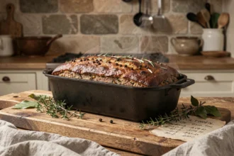 Terrine de gibier maison sortie du four sur une planche en bois dans une cuisine rustique avec tableau de temps de cuisson
