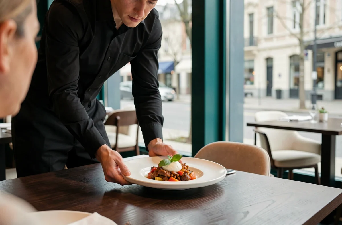 Un serveur du restaurant Timilìa à Metz apporte un plat sicilien raffiné de burrata et caponata sur une table en noyer dans une salle moderne et épurée