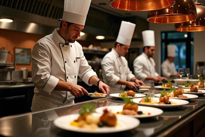 Brigade de chefs français en plein service dans une cuisine gastronomique étoilée