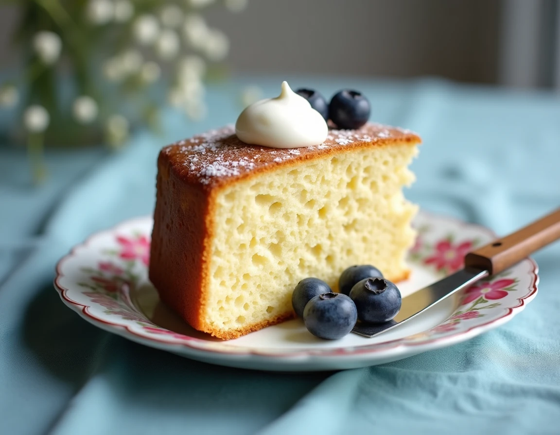Tranche de gâteau au yaourt moelleux révélant une mie aérée sur une assiette en porcelaine fleurie