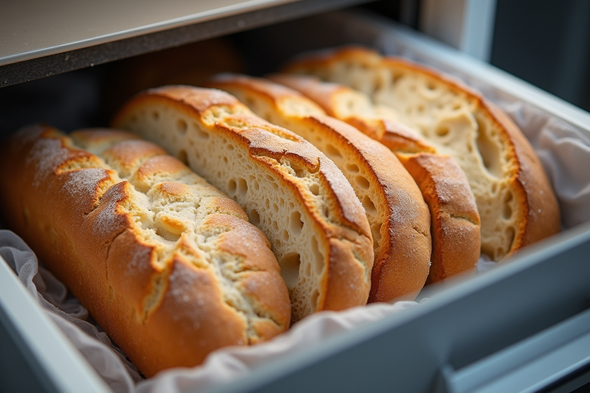 Tranches de pain artisanal empilees dans un congélateur moderne