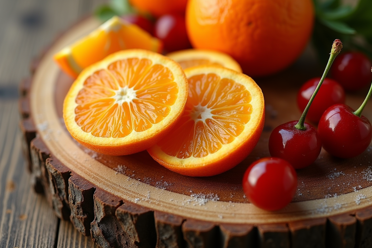 Tranches de tangerine tamarillo et cerise sur planche en bois