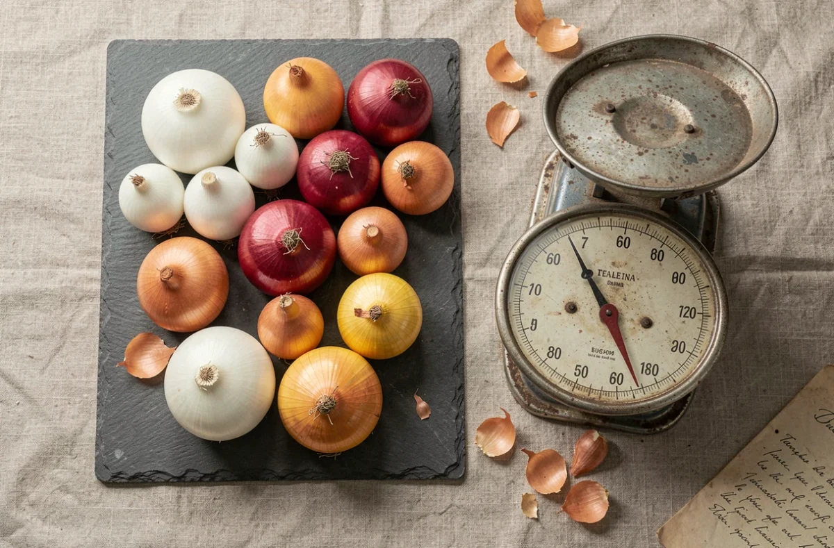 Différentes variétés d'oignons disposées avec une balance vintage pour illustrer l'importance du poids en cuisine