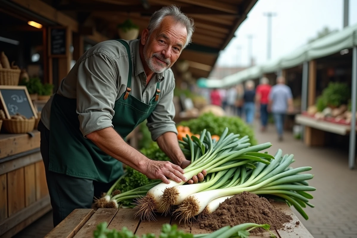 Vendeur de marché arrangeant des poireaux frais cultivés en agriculture biologique sur un étal en plein air