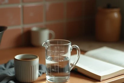 Verre doseur en verre avec graduation 125 ml posé sur un plan de travail en bois dans une cuisine rustique