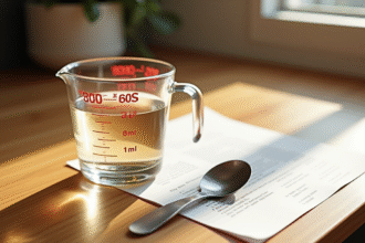 Verre mesure 60 ml avec cuillère en acier et page de recette
