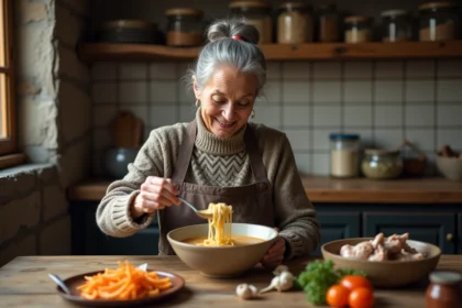 Femme âgée servant une soupe vermicelli dans une cuisine chaleureuse
