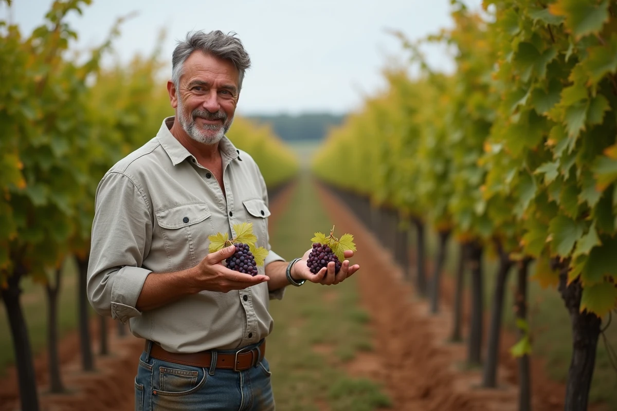 Vigneron tenant des grappes de cabernet franc et sauvignon blanc dans un vignoble de la Loire en automne